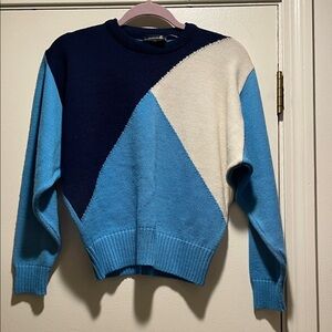 Demetre Vintage Blue and Cream Color Block White Awareness Sweater